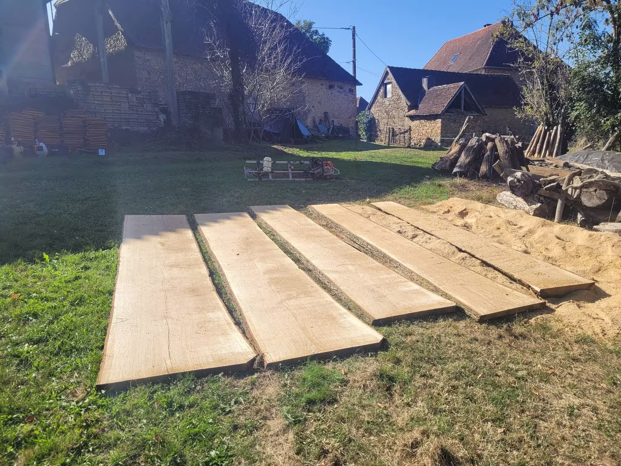 Planches de bois très larges coupées récemment via les troncs élagués